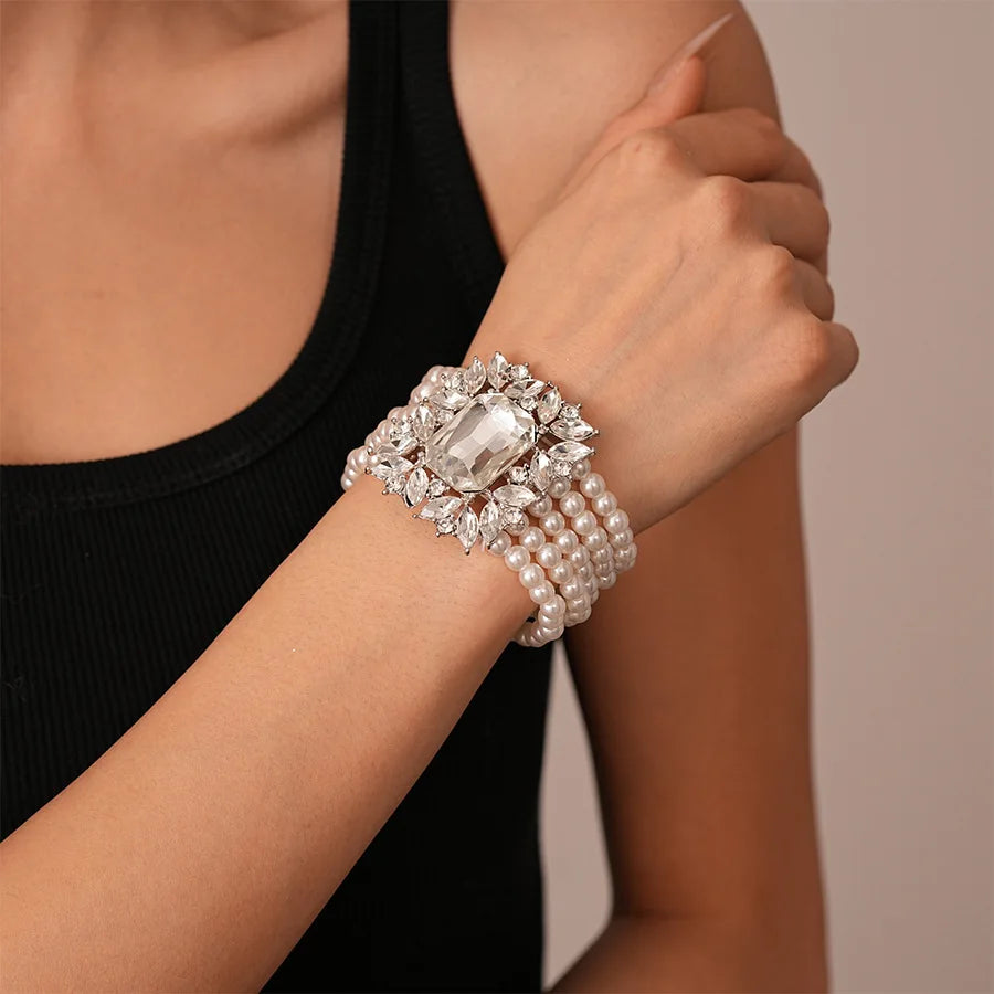 Elegant Crystal Jewelry Set – Pearl Choker Necklace, Statement Earrings & Bracelet for Weddings