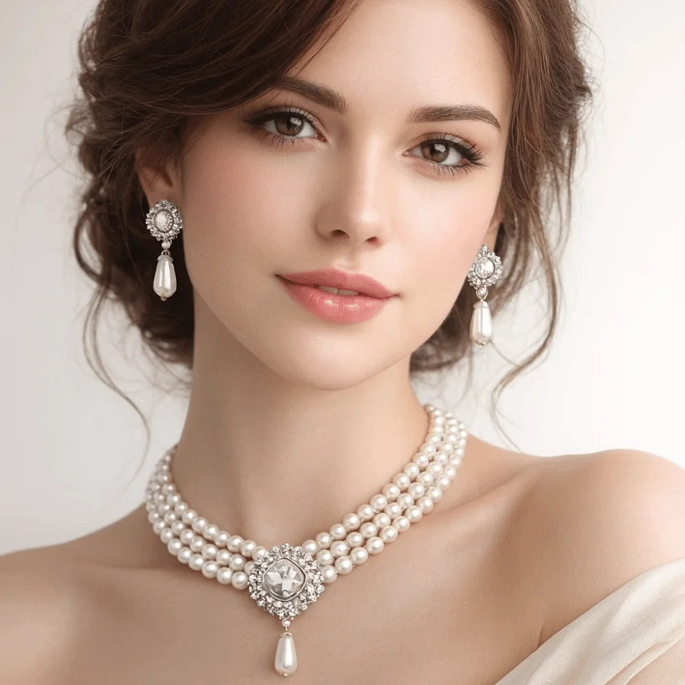 Elegant Pearl Jewelry Set – Classic Layered Necklace & Drop Earrings