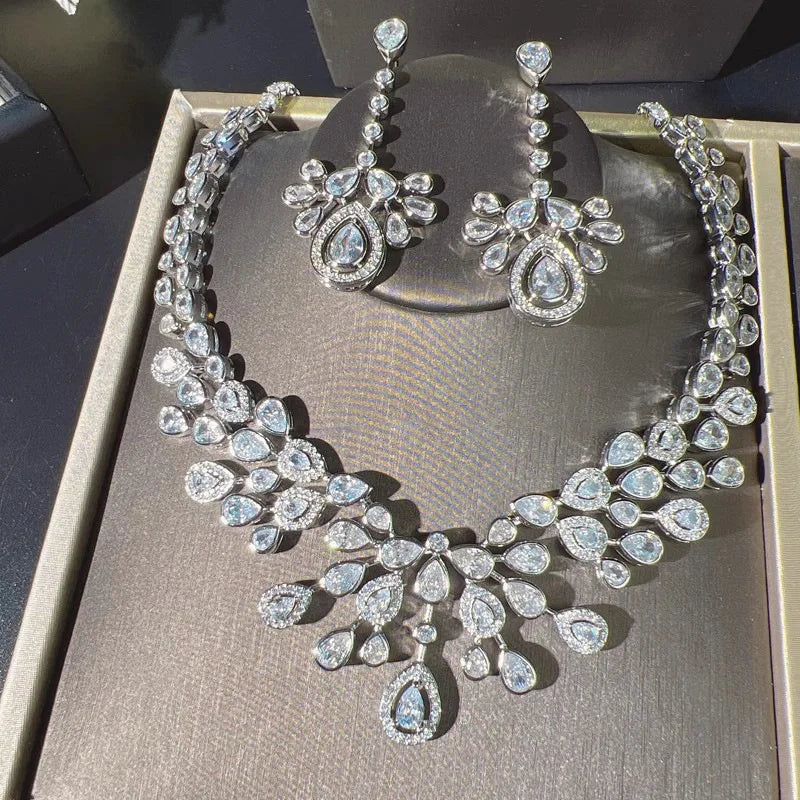 Luxury Zircon Bridal Necklace & Earrings Set – Silver Wedding Jewelry