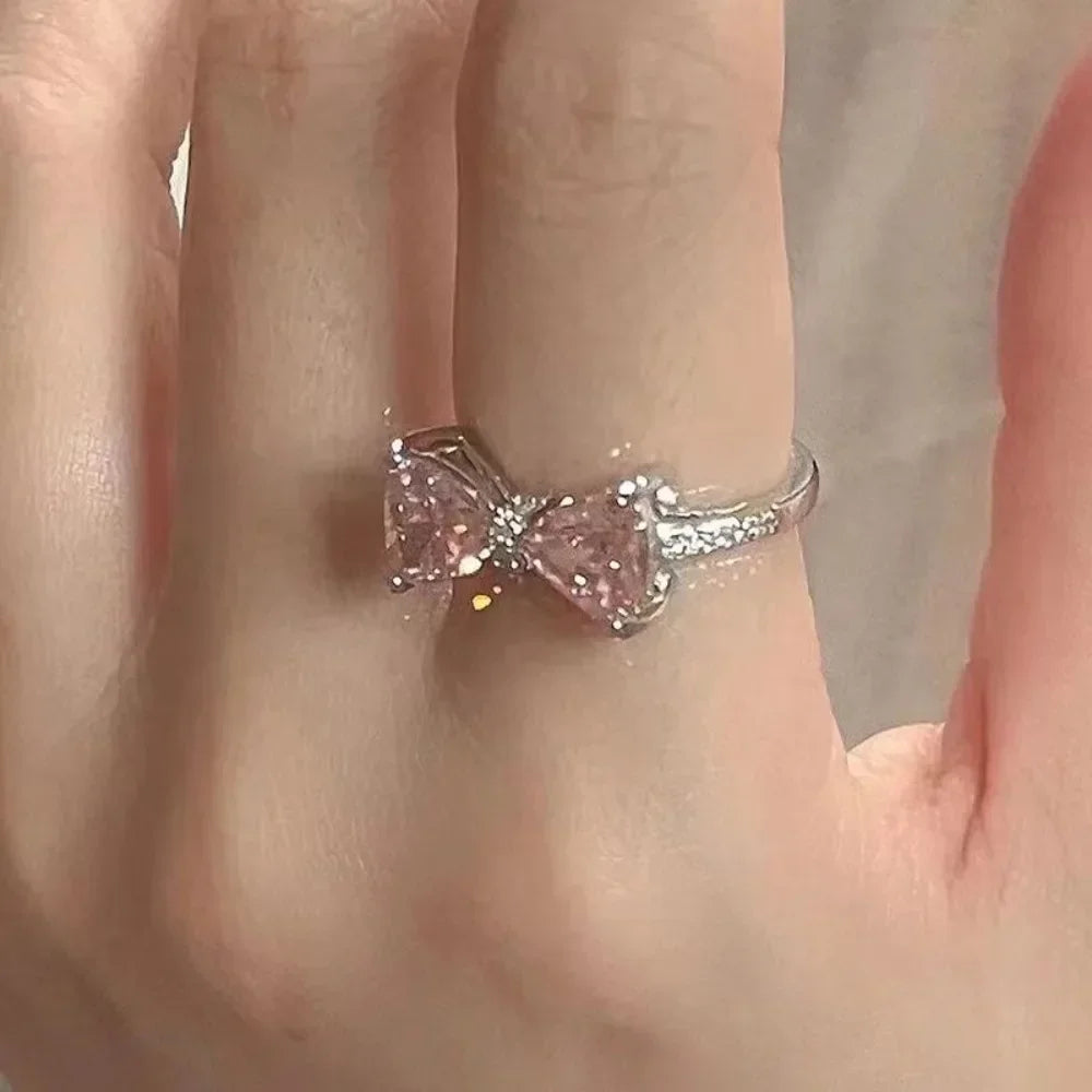 Pink Crystal Bow Necklace & Ring Set – Elegant Jewelry Gift for Women