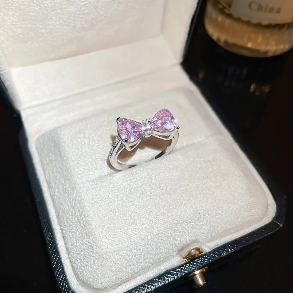 Pink Crystal Bow Necklace & Ring Set – Elegant Jewelry Gift for Women