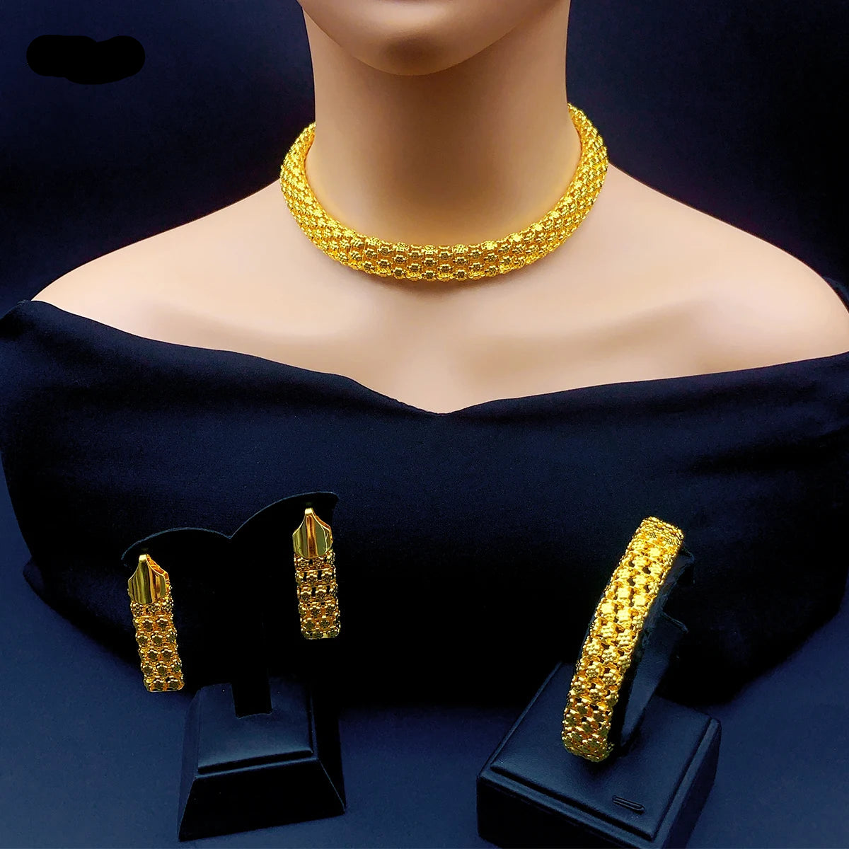 Luxury Gold Statement Necklace & Earrings & Bracelet  Set – For Bridal & Special Occasion