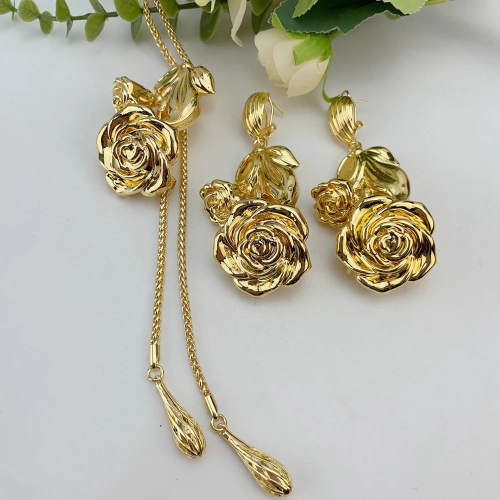 Luxury Gold Rose Jewelry Set – Floral Pendant Necklace & Drop Earrings for Women