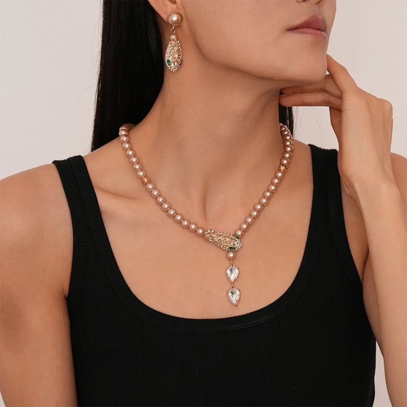 Women’s Rhinestone & Imitation Pearl Jewelry Set – Snake Chain Necklace & Drop Earrings