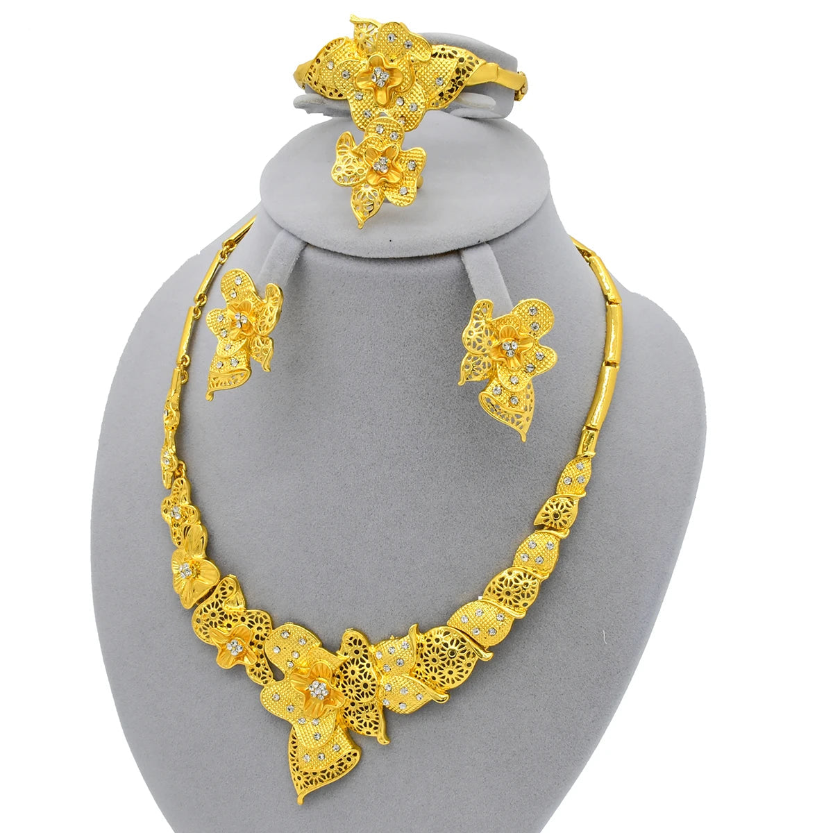 Luxury Indian Bridal Jewelry Set – Gold Color Ethiopian Dubai Necklace & Earrings & Bracelet & Ring for Women