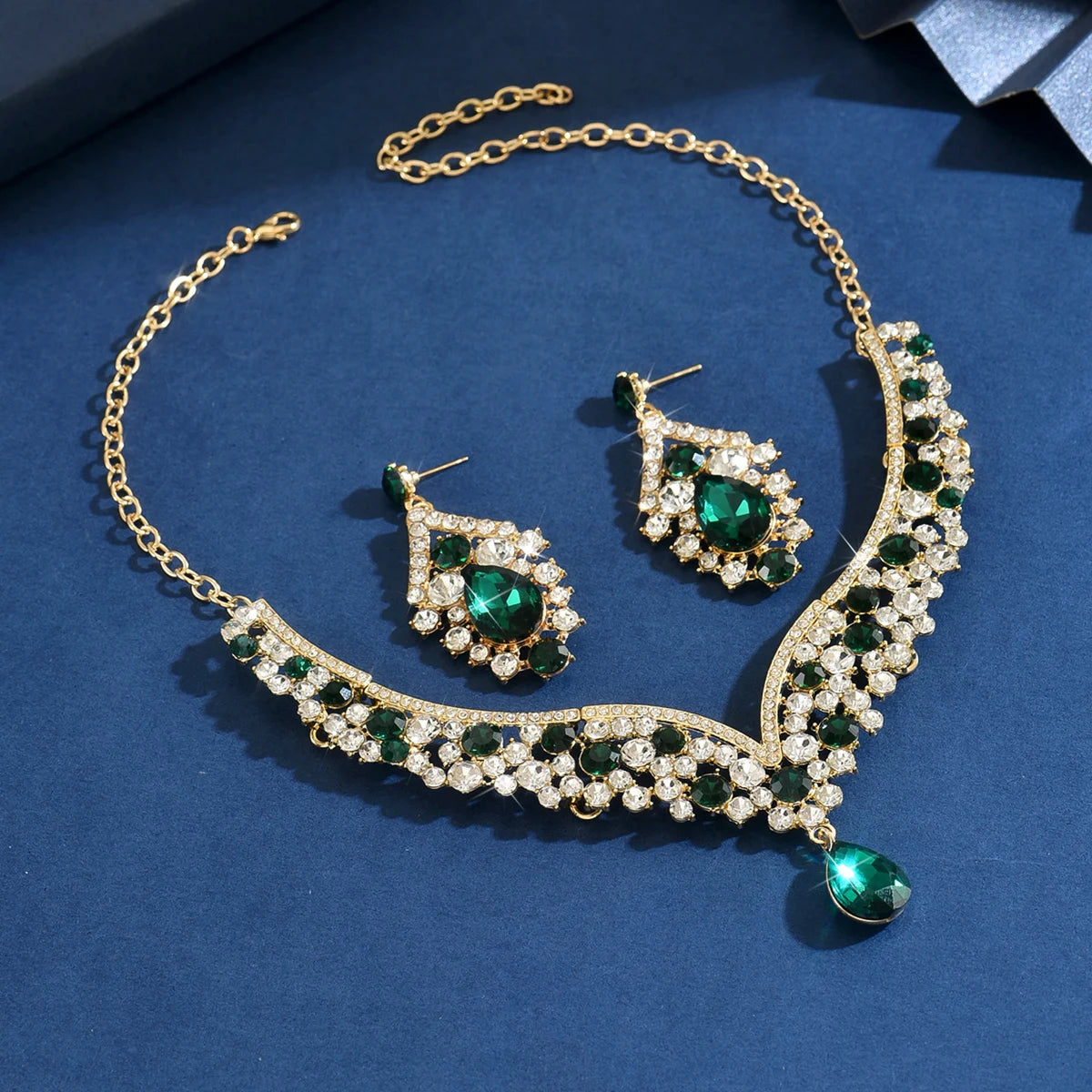Luxury Crystal Necklace & Earrings Jewelry Set – Gold Tone Bridal Wedding Party Jewelry