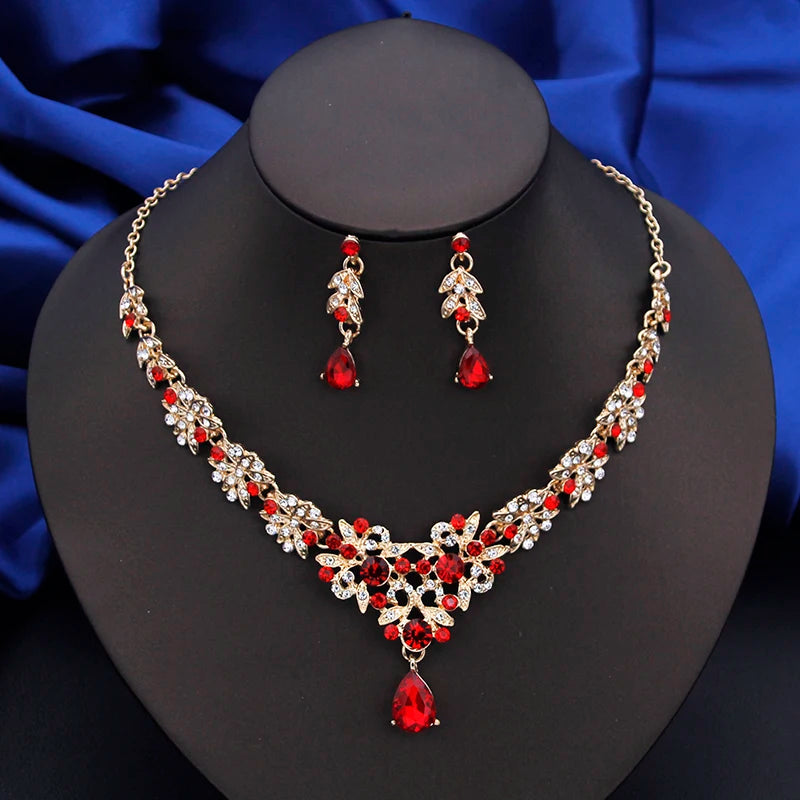 Elegant Red Bridal Necklace & Earrings Set
