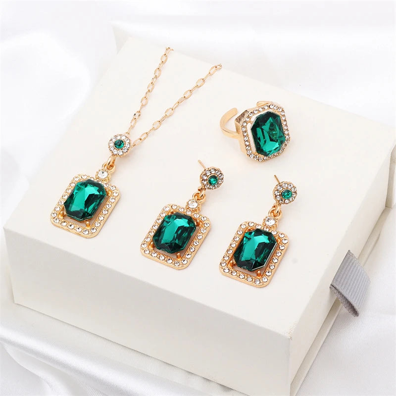Emerald Green Crystal Jewelry Set – Square Rhinestone Necklace, Earrings Ring Luxury Gold Women’s Set