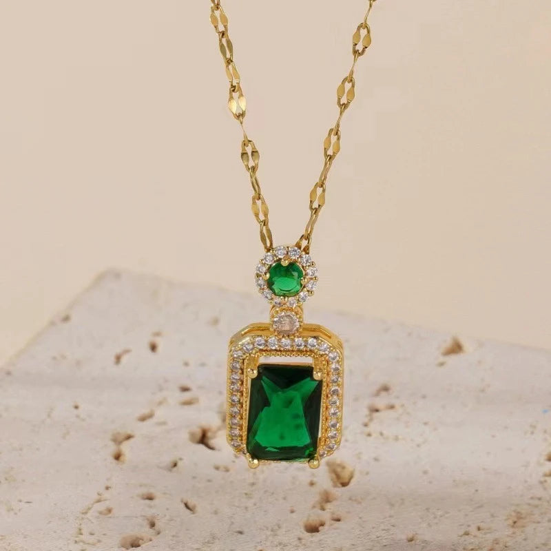 Emerald Green Crystal Jewelry Set – Square Rhinestone Necklace, Earrings Ring Luxury Gold Women’s Set