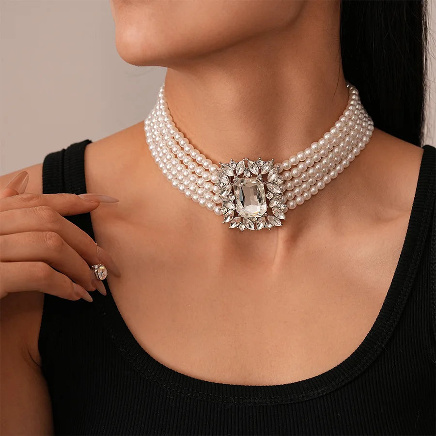 Elegant Crystal Jewelry Set – Pearl Choker Necklace, Statement Earrings & Bracelet for Weddings