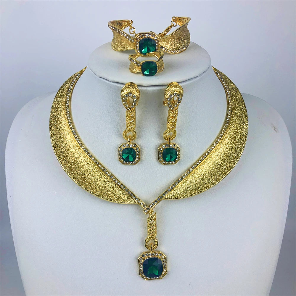 Luxury Two-Tone Gold Jewelry Set – Water Drop Pendant Necklace, Earrings, Bracelet & Ring