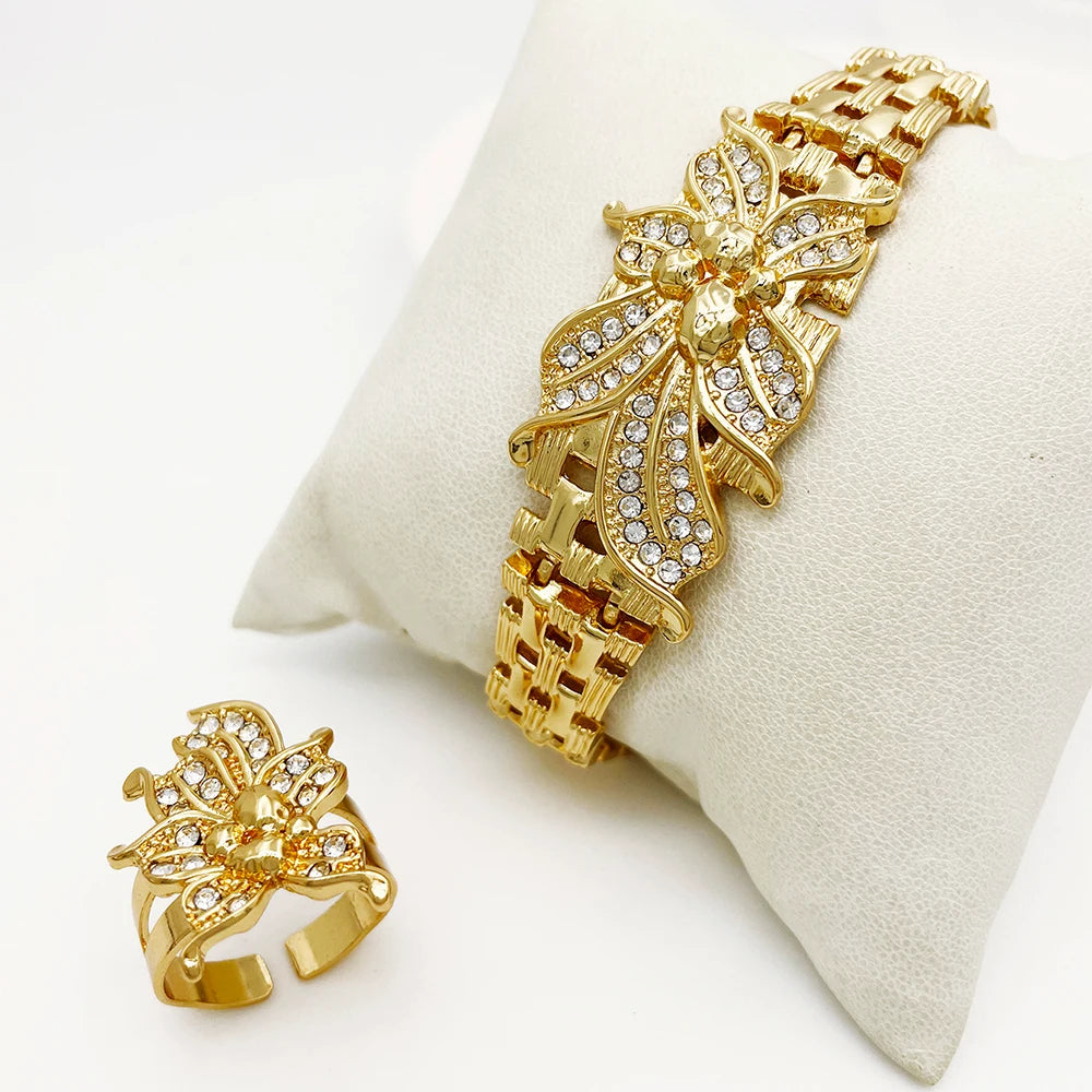 Luxury Gold Plated 4-Piece Floral Jewelry Set – Choker Necklace, Bracelet, Earrings & Ring