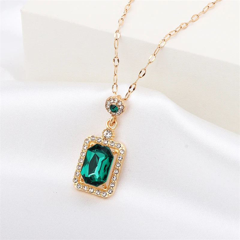 Emerald Green Crystal Jewelry Set – Square Rhinestone Necklace, Earrings Ring Luxury Gold Women’s Set