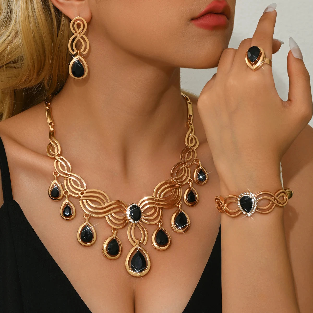 Luxury Crystal Jewelry Set | Red & Black