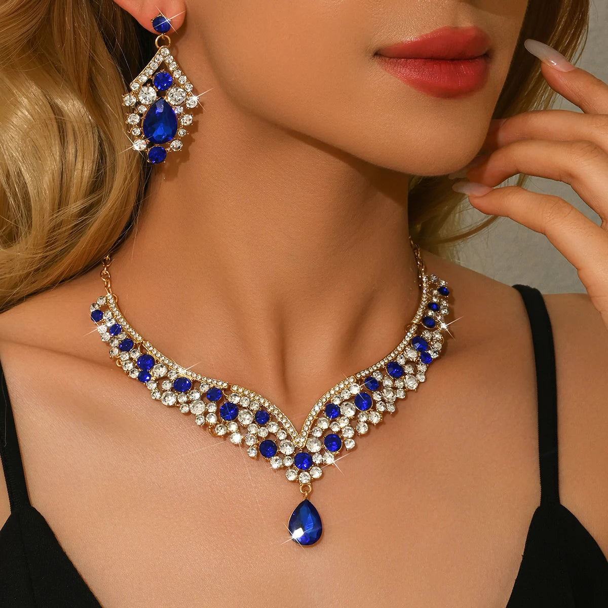 Luxury Crystal Necklace & Earrings Jewelry Set – Gold Tone Bridal Wedding Party Jewelry