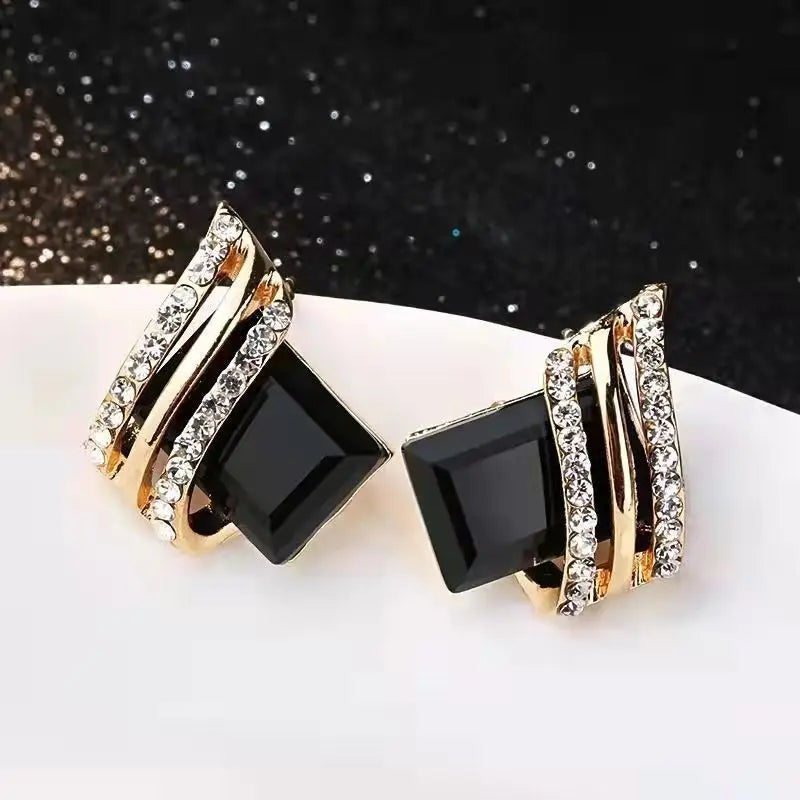 Luxury four Colors Red, Green, Black, Blue Crystal Drop Earrings for Women | Gold-Tone Statement Jewelry