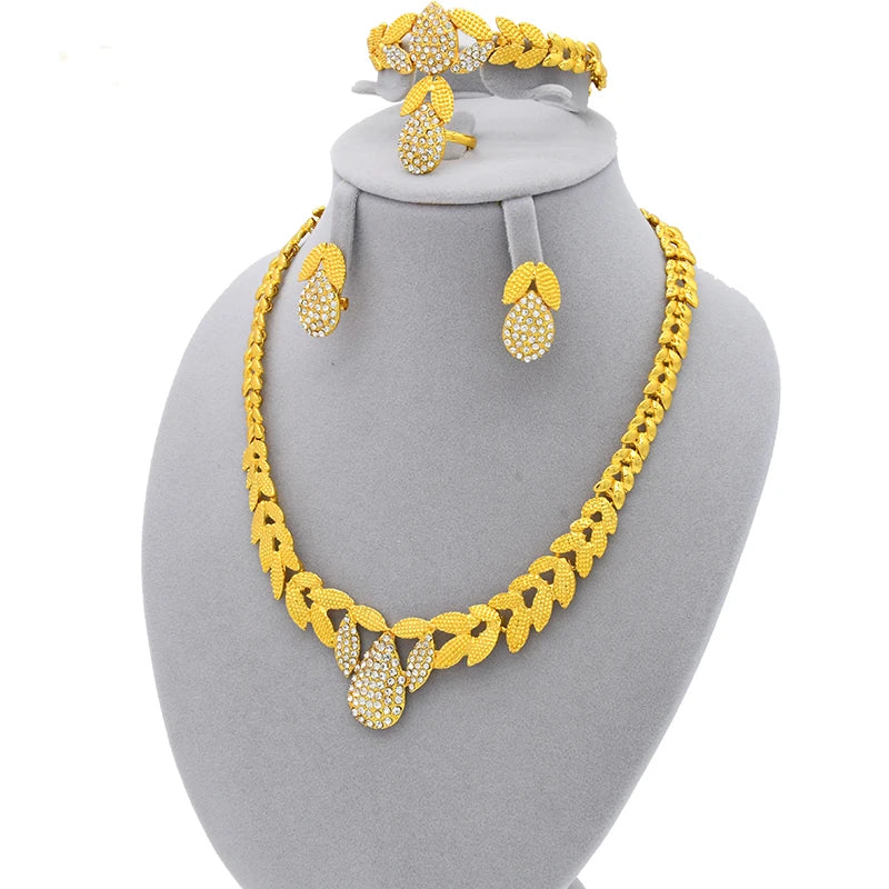 Bridal Jewelry Sets For Women Gold Color Ethiopian Luxury Dubai Necklace, Earrings, Brecelet, Ring