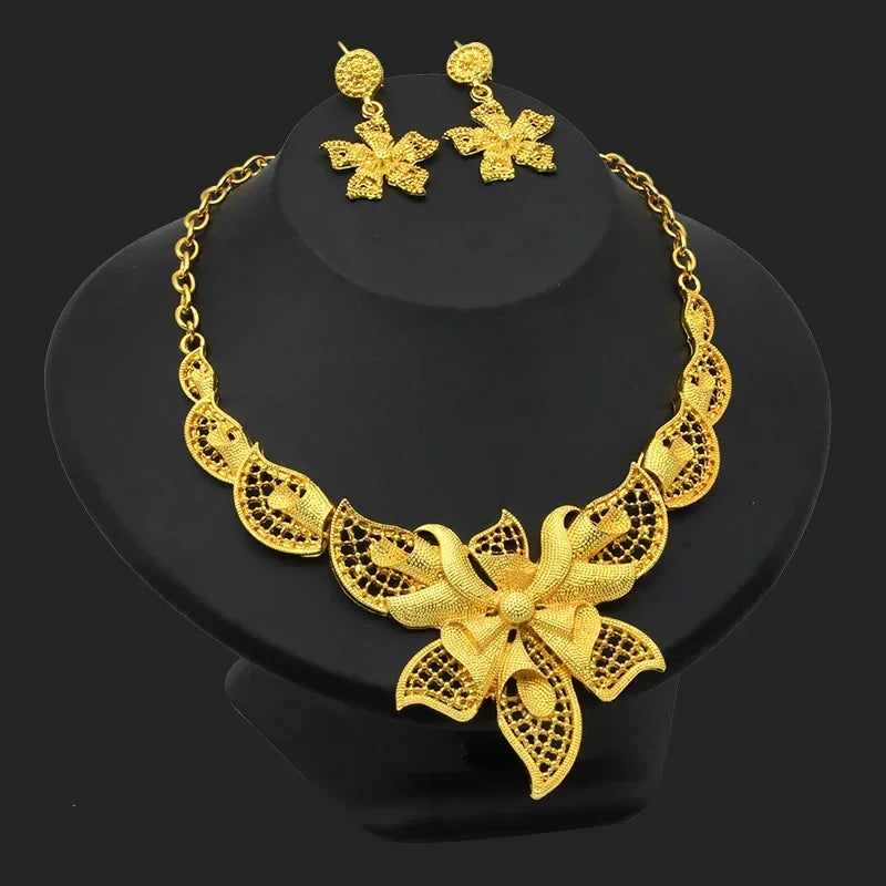 Dubai Flower Necklace & Earrings Set -Gold Color Luxury Bridal Jewelry for Women