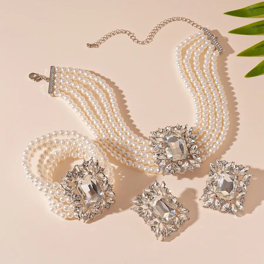 Elegant Crystal Jewelry Set – Pearl Choker Necklace, Statement Earrings & Bracelet for Weddings