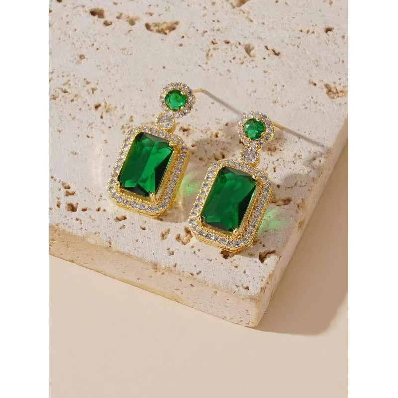 Emerald Green Crystal Jewelry Set – Square Rhinestone Necklace, Earrings Ring Luxury Gold Women’s Set