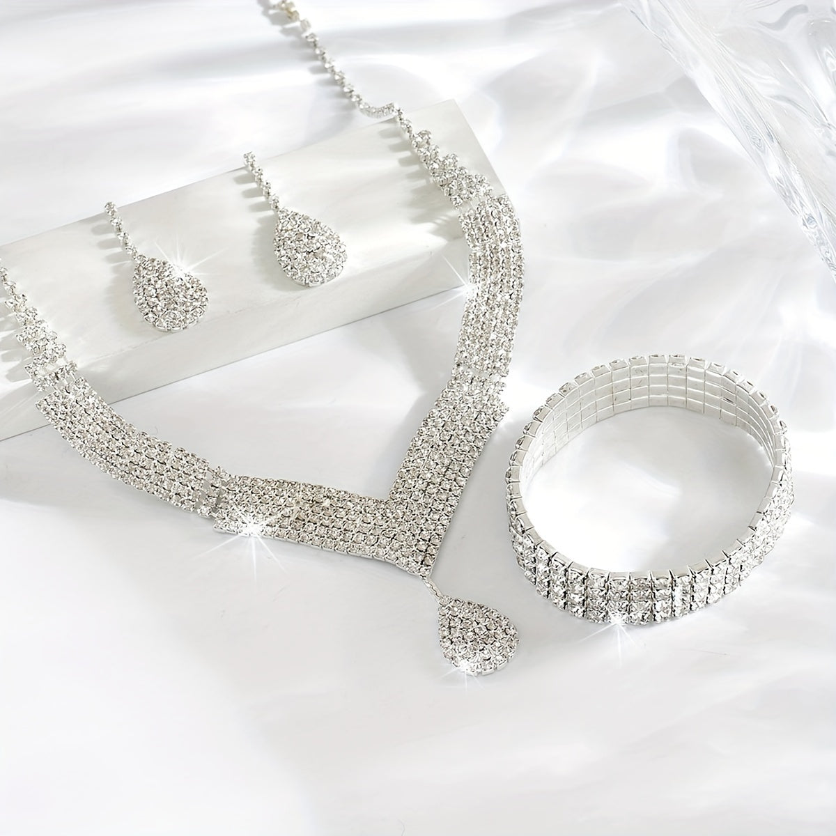 Bridal Rhinestone Jewelry Set – Necklace, Earrings & Bracelet